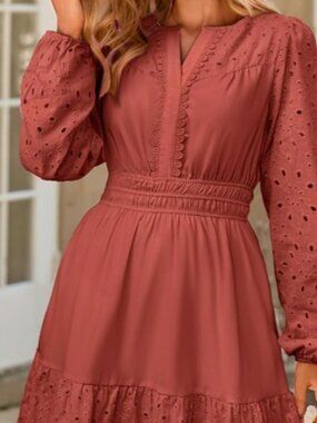 Elegant Women's Long sleeve Eyelet Short Dress